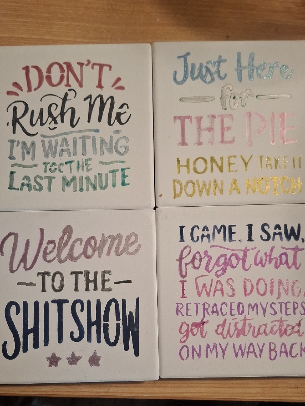 Hand Crafted Set of 4 Decorative Quote Tiles in Pastel Multi-Color